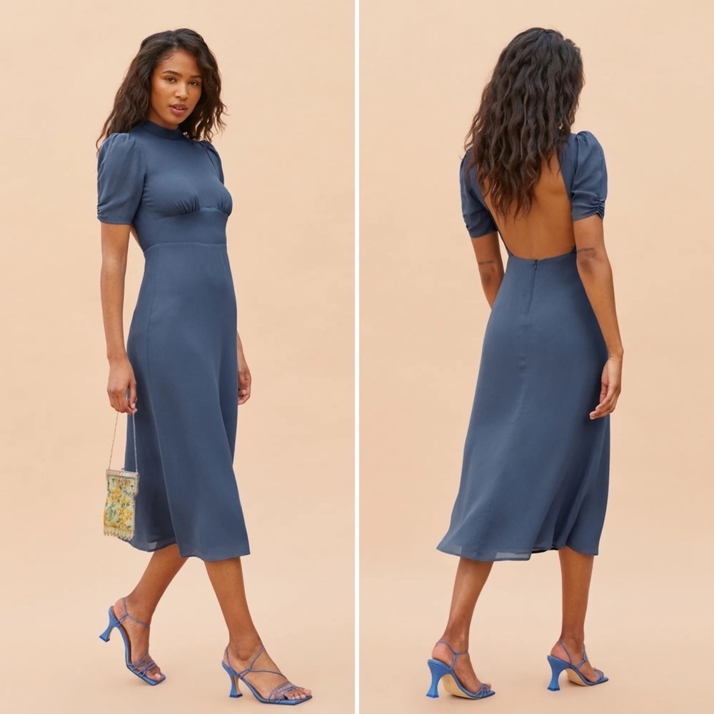 NWT Reformation Short Sleeve Midi Dusk Dress in Dusty Blue, Women's 0